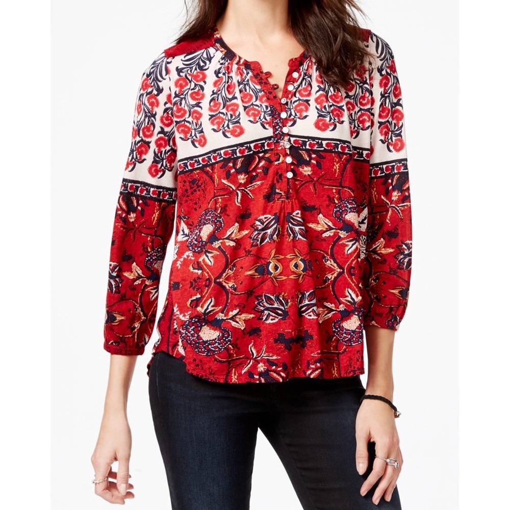 Lucky Brand XL Womens Top Red Blue Print Peasant
